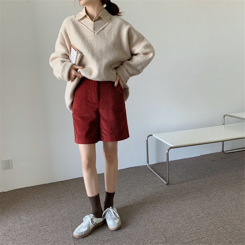 Red High Waist Corduroy Slender Casual Streetwear Chic Fashion Women All-Match Loose Simple Wide Leg Shorts 210421