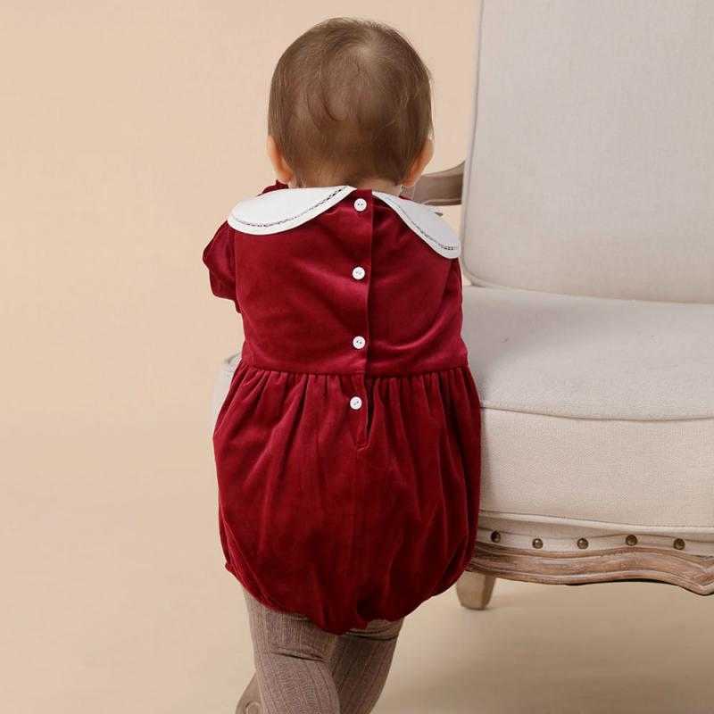 Smocked Romper For Baby Boy Girls Year Outfit Toddler Girl Velvet Boutique Jumpsuit Petal Collar infant Smocking Clothes 210615