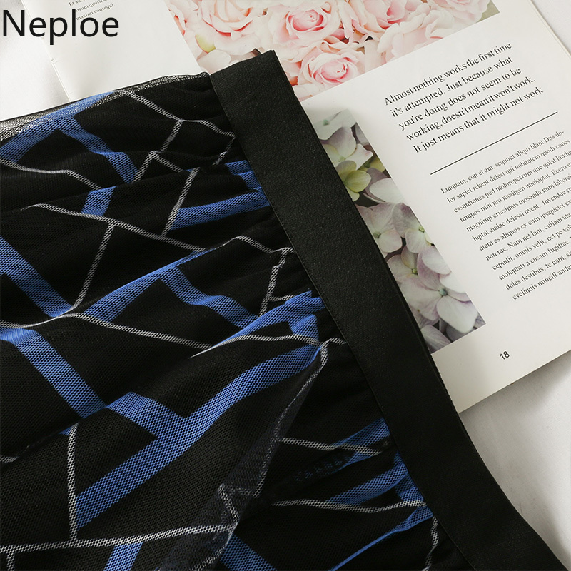 Neploe Plaid Printed Skirt Women Mid-length Gauze A-line Jupe Summer Elastic High Waist Faldas Korean Fashion Slim Saia 210422