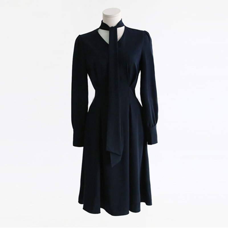 Spring Autumn Elegant Bow Collar Dress Women OL Office Solid Long Sleeve Knee-length es Vestidos 210421