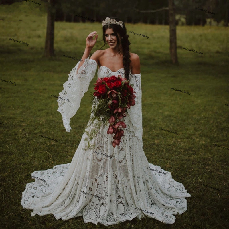 Nude Lining bohemian Wedding Dresses Cotton crochet Lace Unique Classical long sleeve country Bridal Gowns Rude Soriee Noivas