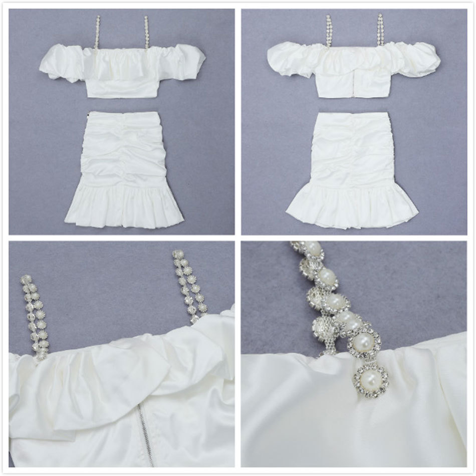 Free Women's White Dress Set Sexy Off Beaded Strap Crop Top & Ruffled Mini Skirt Party Two-piece 210524