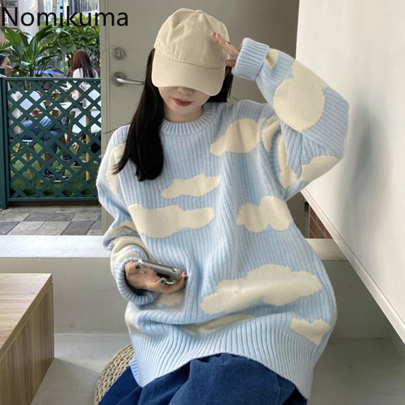 Nomikuma Korean Cloud Women Men Causal Sweater Long Sleeve O-neck Knitted Pullovers Autumn Winter Pull Top Jumpers 6D036 210427
