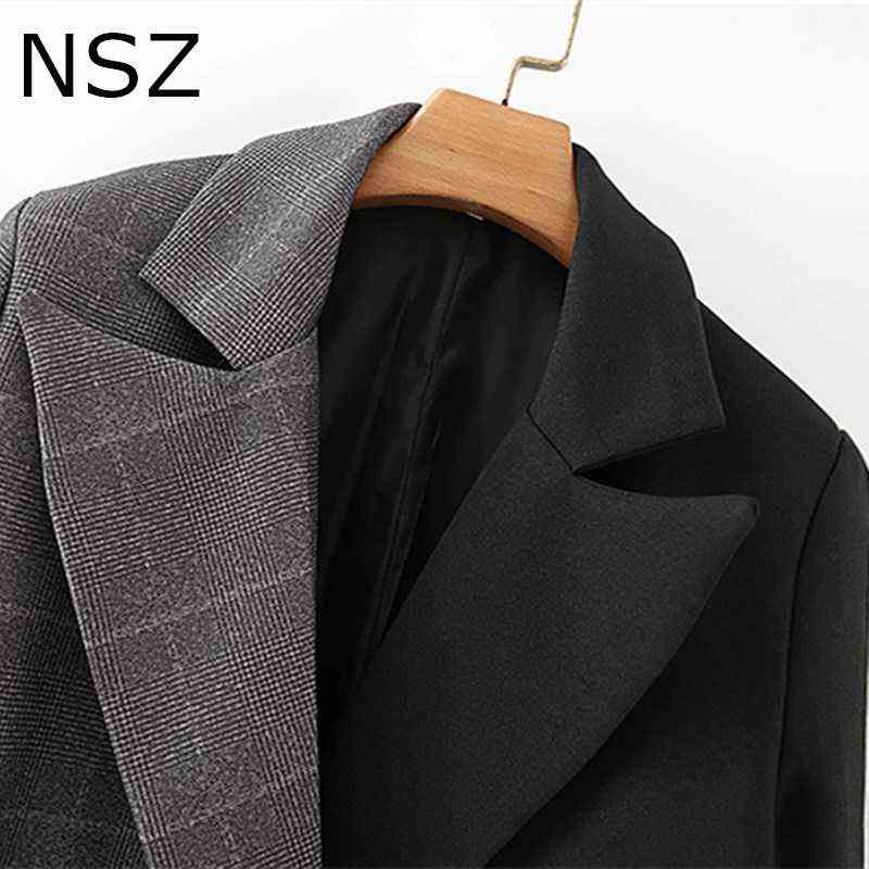 NSZ Women Checked Patchwork Black Oversize Blazer Double Breasted Office Ladies Large Size Plaid Suit Jacket Coat Outerwear 211122