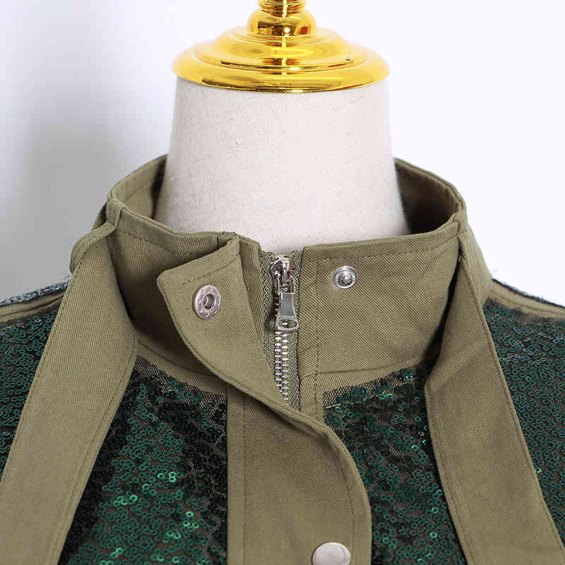 Patchwork Sequin Jackets For Women Turtleneck Long Sleeve Drawstring Coats Female Autumn Fashion Clothes 210524