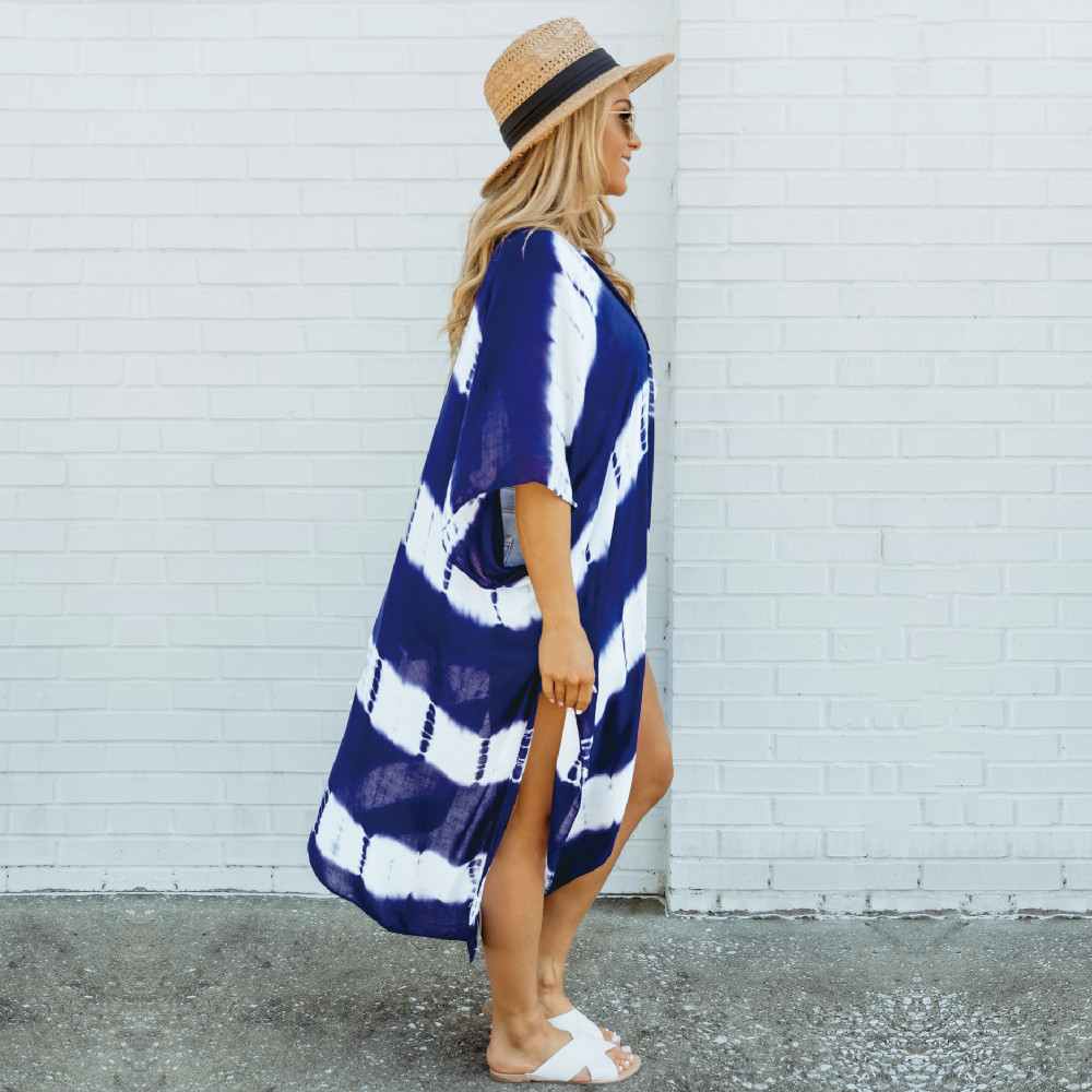Blue Boho Striped Robes Bathing Suit Cover-ups Plus Size Beach Wear Long Kimono Dress Women Summer Swimsuit Cover Up A806 210420