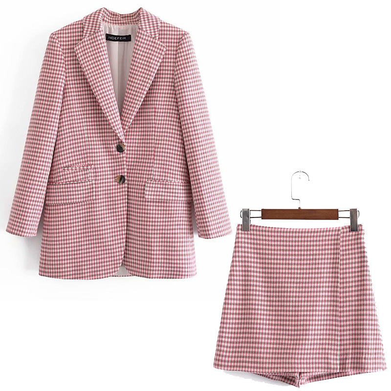 Women Two Pieces Set Checkered Blazers and Shorts Suit Fashion Casual Chic Lady Outfits & suit 210517