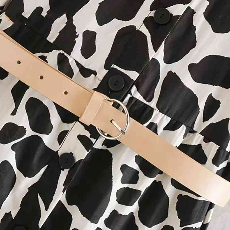 Women Fashion Animal Print Midi Dress With Belt Puff Short Sleeve Ruffles Dresses Turn Down Collar Office Shirt Dress 210414