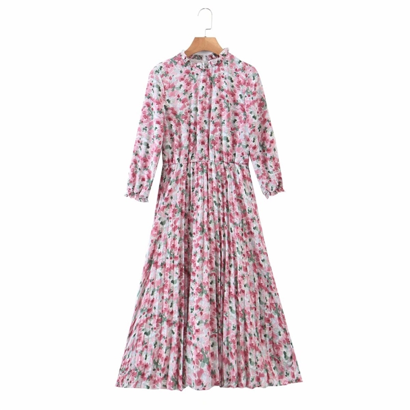Casual Woman Pink Print A-Line Chiffon Long Dress Spring Fashion Ladies Drapped Dresses Female Sweet Holiday 210515