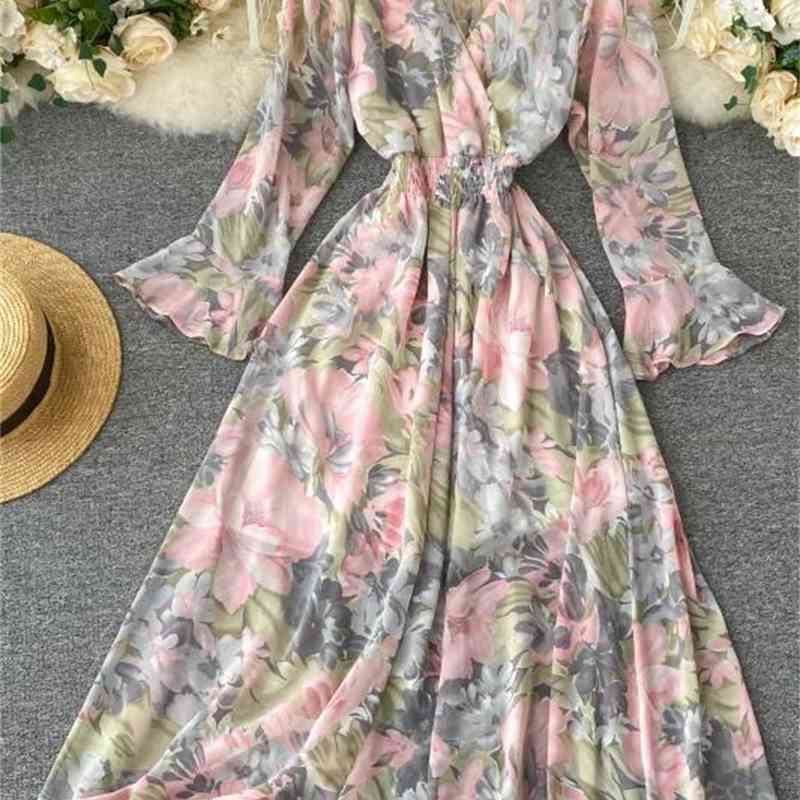 Women Sexy Boho Dress Spring Autumn Long Sleeve V Neck Backless es Ladies Vintage Floral Printed 210623