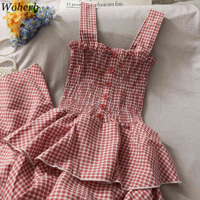 Casual Boho Beach Holiday Plaid Cake Dress Women Summer Elegant Sexy Spaghetti Strap Ruffle Robe Femme Vestidos 210519