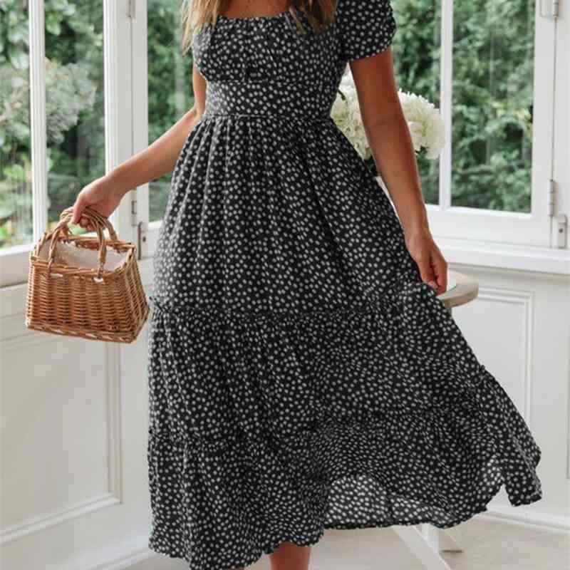 90s Ladies Square Neck Puff Sleeve Summer Floral Print Ruched Cake Dress Bohemia A-line Midi-length Tunic Casual Red Dance 210604