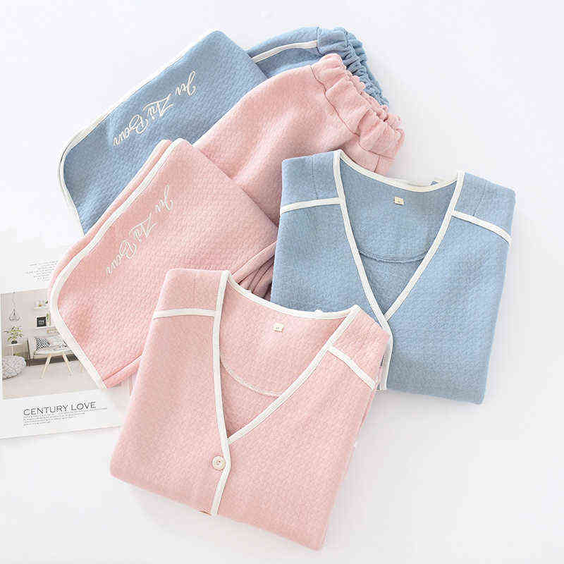 Autumn and Winter Leisure Tops Women's Long-Sleeved Trousers Cotton Thick Air Layer Solid Color Warm Simple Pajamas Set 211109