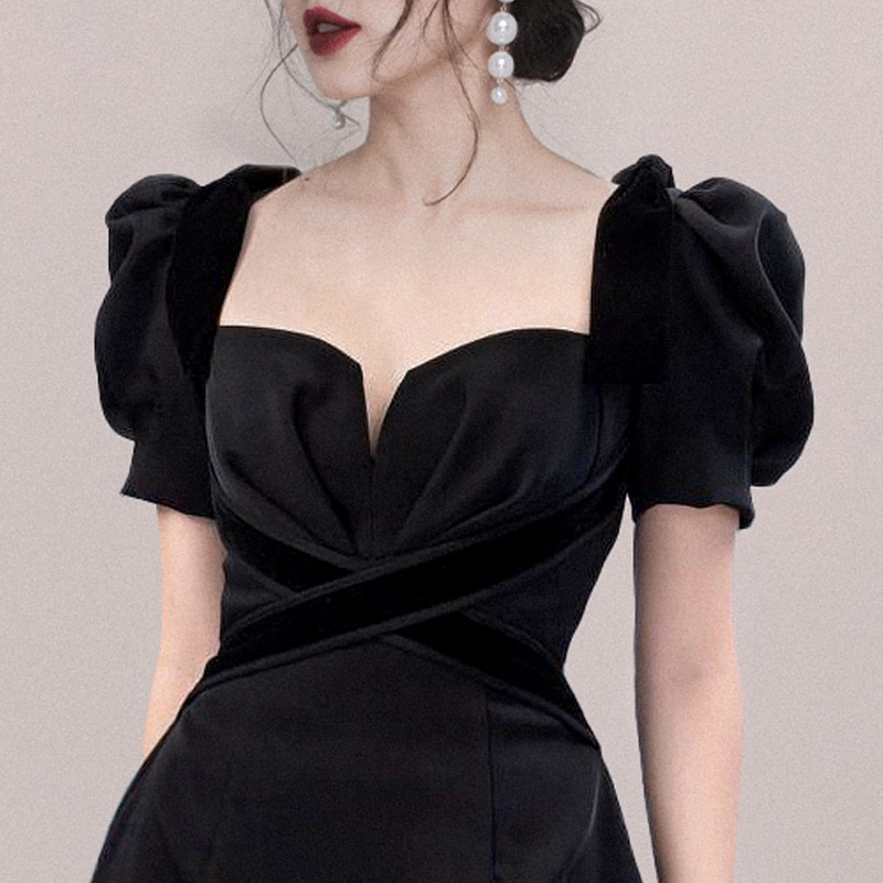 Summer Women's Retro Black Square Neck Mini Dress Elegant Fashion Puff Sleeve Slim A-Line Vestidos Female 210519