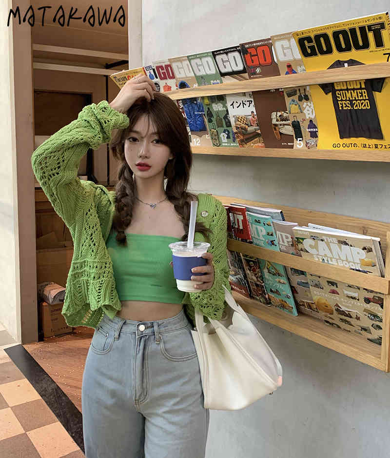 MATAKAWA 2 Piece Set Women Green Hollow Out Knitted Cardigan Spring Cropped Camisole Short Tops Long Sleeve Camis Ribbed Suit 210513