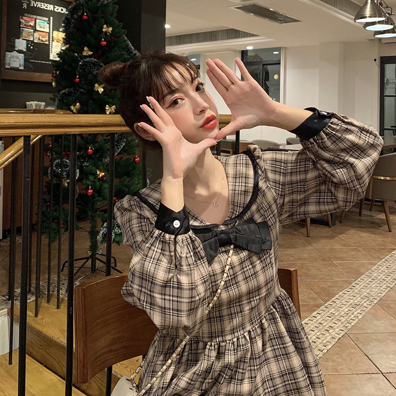 Vintage Plaid Dress Women Spring Long Sleeve Sailor Collar Elegant Sweet Midi Dress Female Party Dress Korean 210521