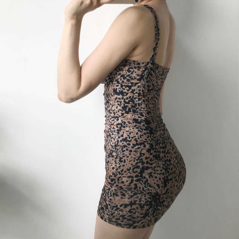 WOMENGAGA V Neck Low Chest Sexy Fashion Wide Shoulder Strapless Leopard Fold Show Thin Temperament Mini Dress HKST 210603