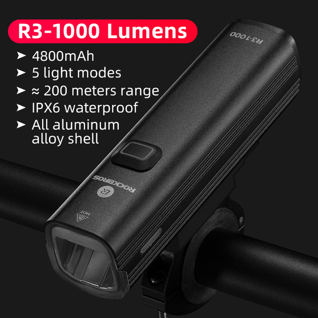 ROCKBROS 1000Lumen Bicycle Front Light Bike Head Lamp Flashlight Handlebar USB Charging Headlights