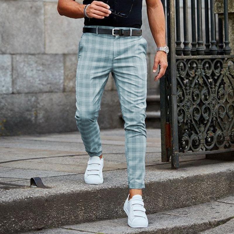 Men's Pants 2021 Mens Casual Trousers Skinny Stretch Chinos Slim Fit Pant Plaid Check Male