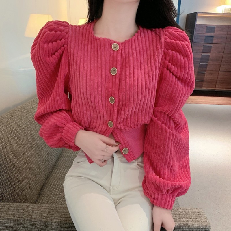Spring Women Fashion Solid Color Corduroy Round Neck Single Breasted Long Puff Sleeve Casual Slim Short Jacket Coat Female 210519