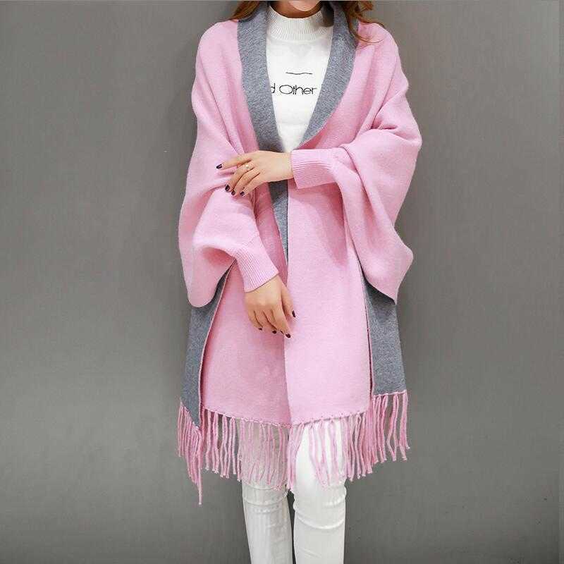 Autumn Winter Fashion Lady Tassel Knitted Shawl Sweater Women Solid Batwing Sleeve Poncho Cardigan wrap swing 211018