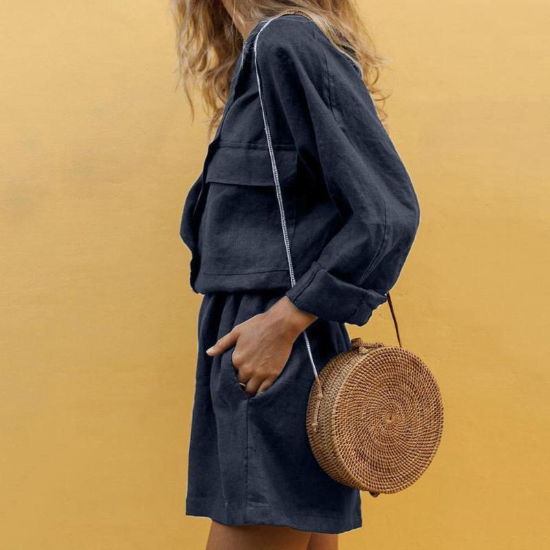 Women Slim Summer Cotton Lapel Button Temperament Suit Female Solid Fashion 2021 Office Lady Buttons White 2 Pieces Set Two Piece Dress