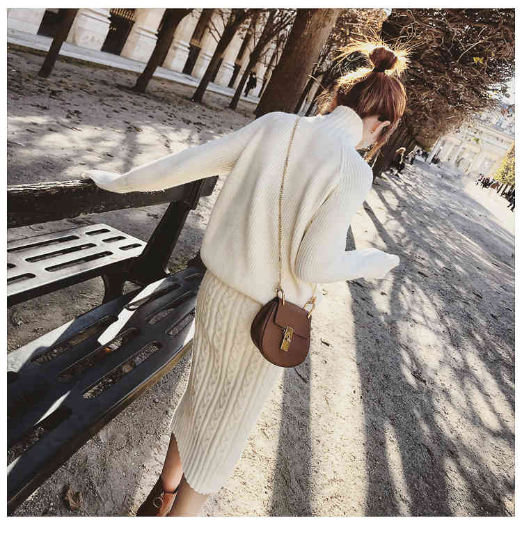 Twisted Knitted 2 Piece Sets Outfits Women Long Sleeve Turtleneck Pullover Sweater + Split Pencil Skirt Suits Ladies Fashion Set 210518