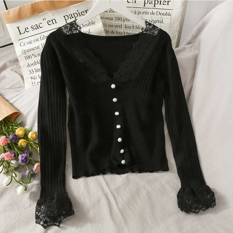 LY VAREY LIN Spring Autumn Women Lace Stitching Sweater Vertical Stripe Thin Slim Bottoming Shirt Short Tops 210526