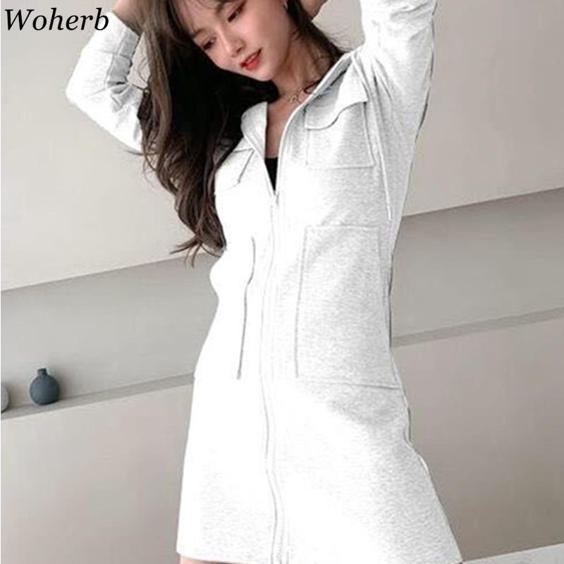 Casual Slim Hooded Sweatshirt Dress Women Mini Robe Cargo Pockets Zipper Dresses Korean Sping Summer Solid Vestidos 210519
