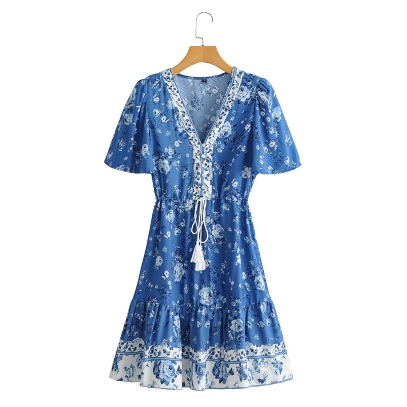 Spring Summer cotton dress Fashion blue V-neck short sleeve mini floral print A-line pleated 210524
Spring Summer cotton dress Fashion blue V-neck short sleeve mini floral print A-line pleated 210524