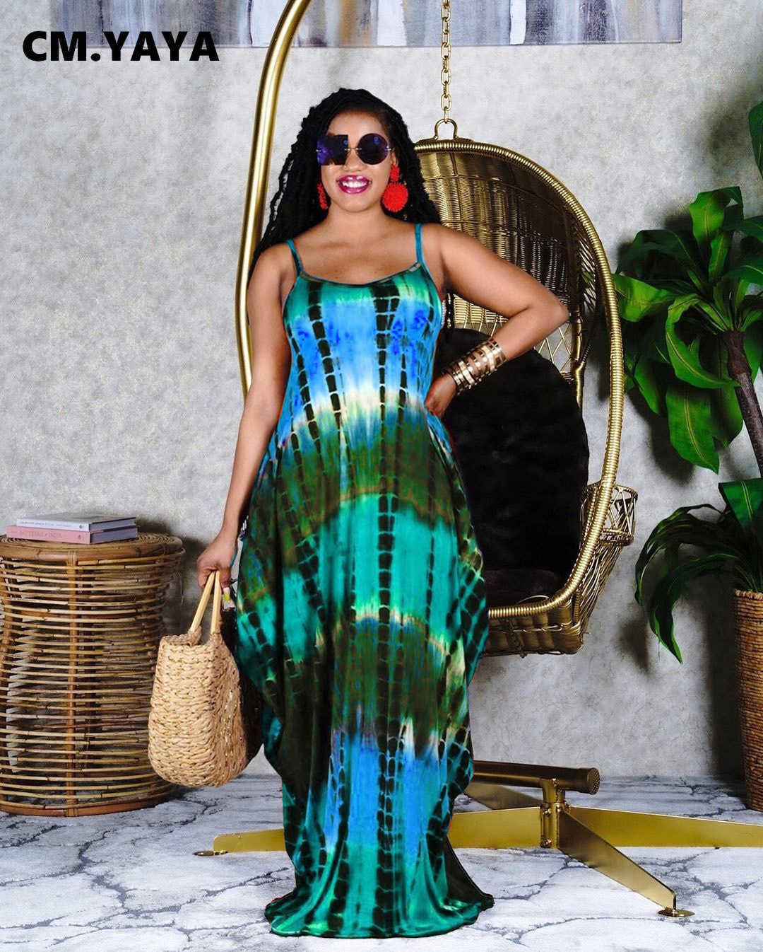 CM.YAYA Women Tie Dye Print Maxi Beach Dress Sleevless Spaghetti Slim with Pocket Vintage Long Dresses Summer Vestidos 5 Colors 210630
