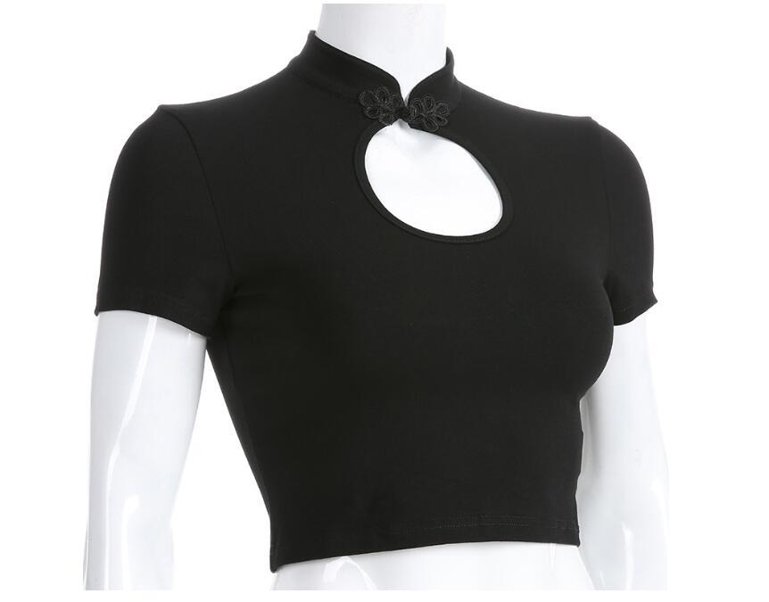 Harajuku Mandarin Collar Fit Tee with Open Neckline Cut Out Slim Top Frogging Button Hollow t-shirt Black 210429