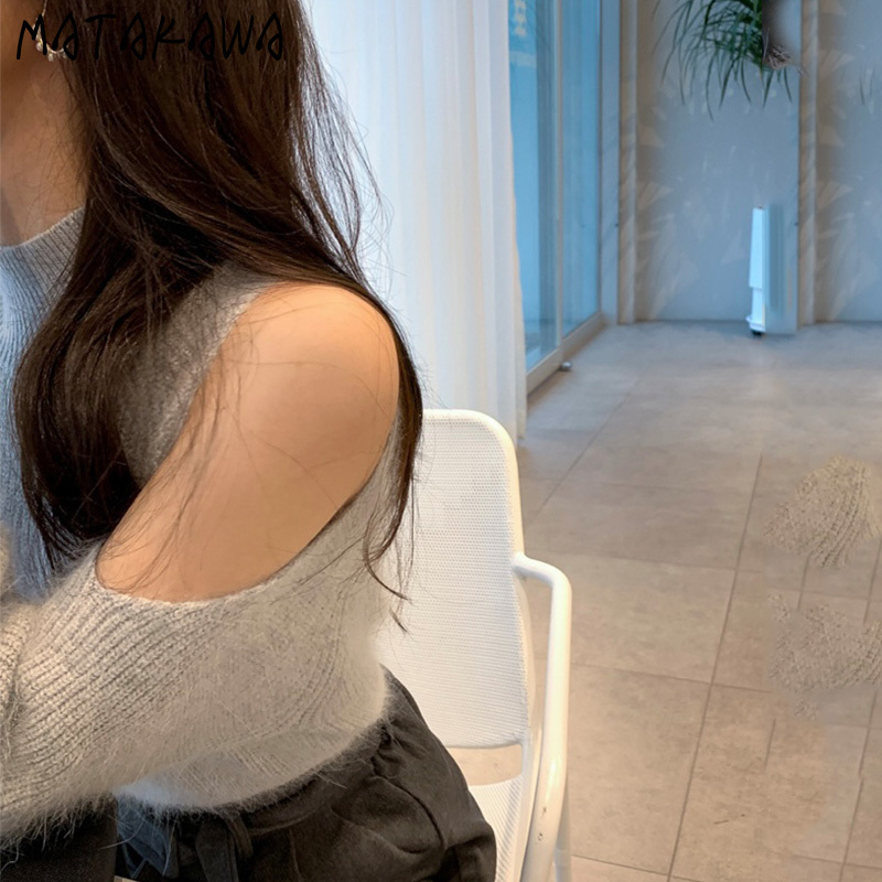 MATAKAWA Korean Spring Turtleneck Strapless Woman Sweaters Wild Mohair Long-sleeved Pullover Knitted Sweater Women 210513