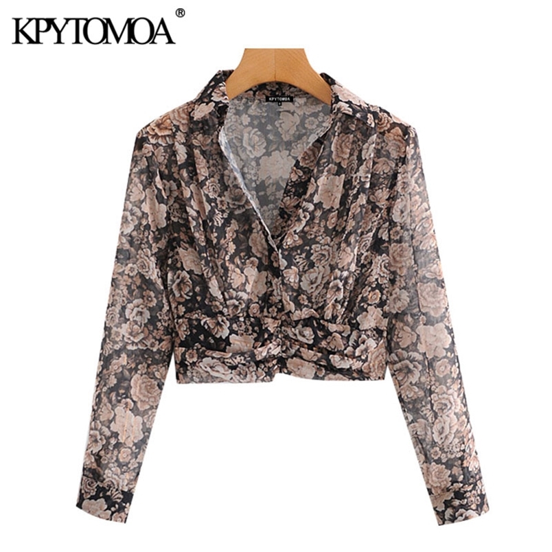 Women Fashion Metallic Thread Floral Print Cropped Blouses Long Sleeve Elastic Hem Female Shirts Chic Tops 210420