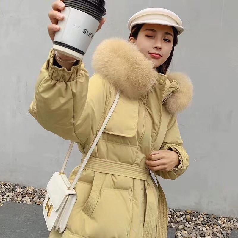 Wonder Thick Coat Winter Korean Fur Collar White Duck Down Hooded Warm Jacket Outwears 210510