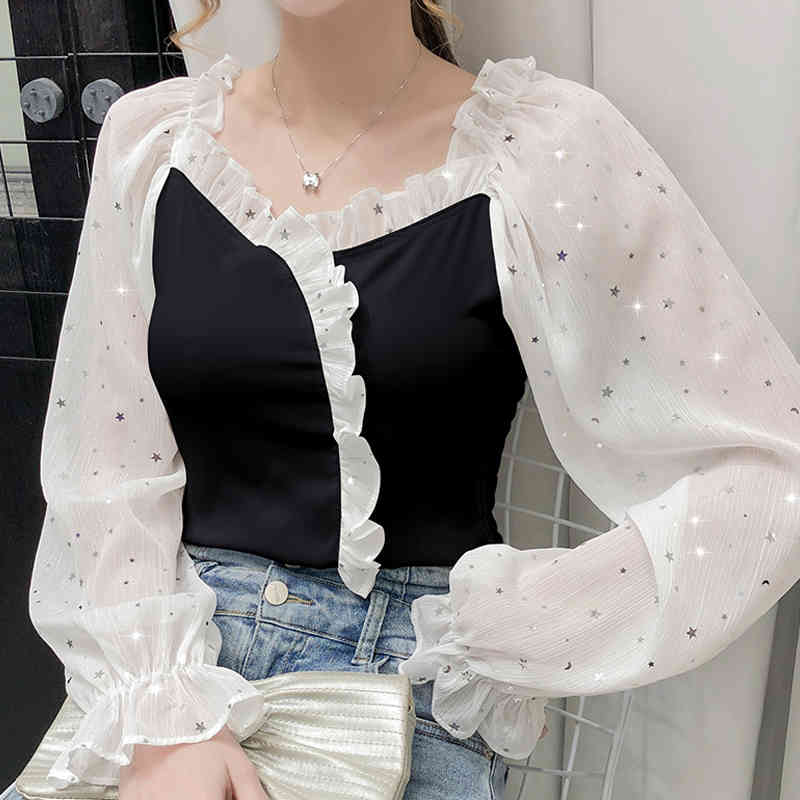 Lace V-neck Chiffon Blouse Pleated Slim Splicing Tops and Autumn Vintage Lantern Long Sleeve Women's Shirts 11419 210427