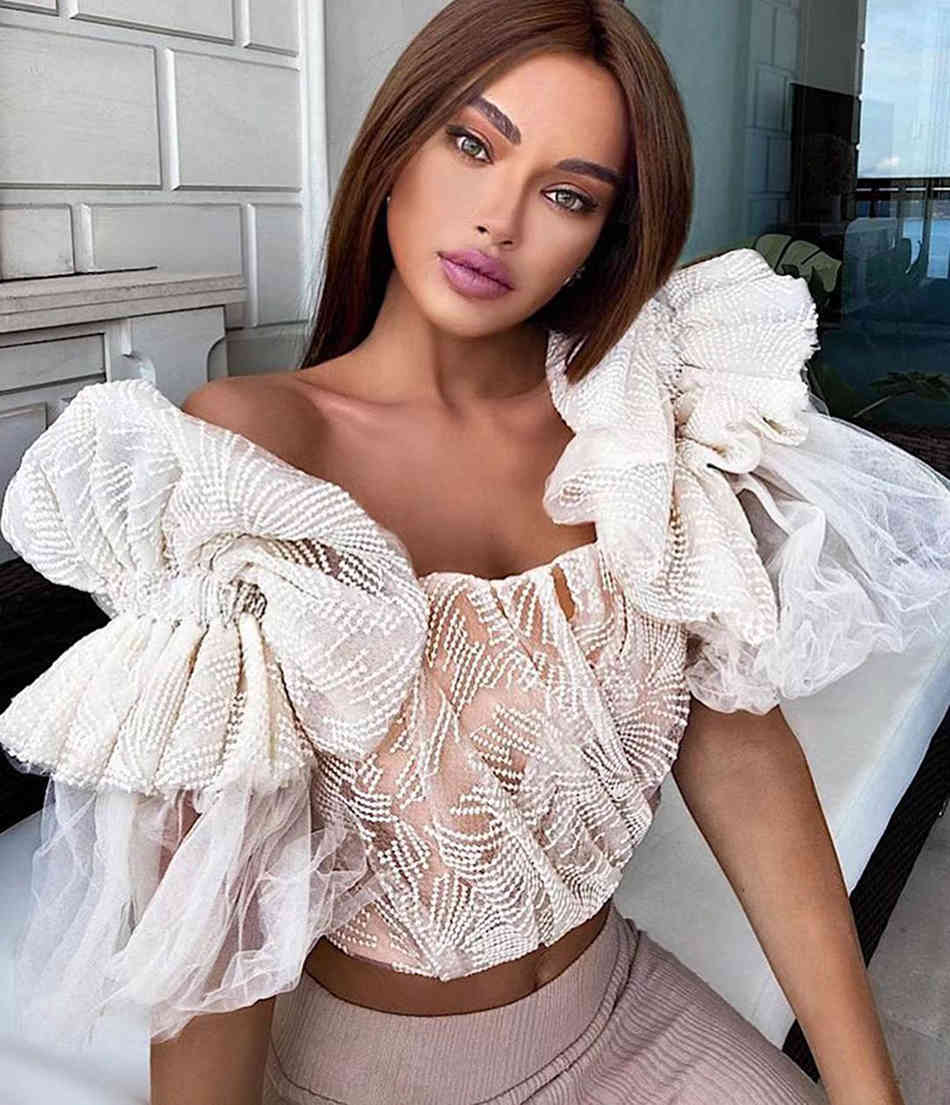 Free Women's Summer Tops Sexy Card Shoulder Ruffle Sleeve Mesh Open Back Short Club Evening Party 210524