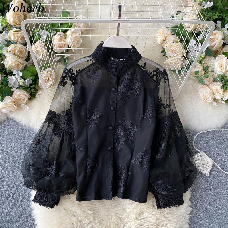 Korean Elegant Puff Long-sleeved Shirt Women Summer Floral Embroidery Blouse Womens Tops Casual Office Mesh Blusas 210519