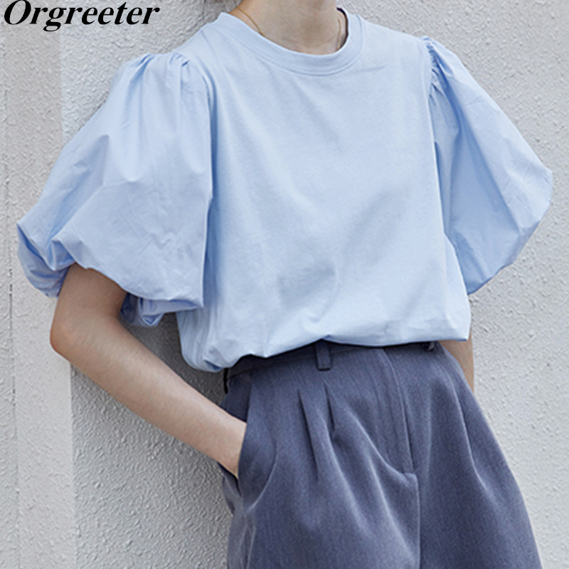 Chic Design O-neck Lantern Sleeve Solid Blue Women T-shirts Summer Loose White Female Tops Cotton Tee Ladies 210525
Chic Design O-neck Lantern Sleeve Solid Blue Women T-shirts Summer Loose White Female Tops Cotton Tee Ladies 210525