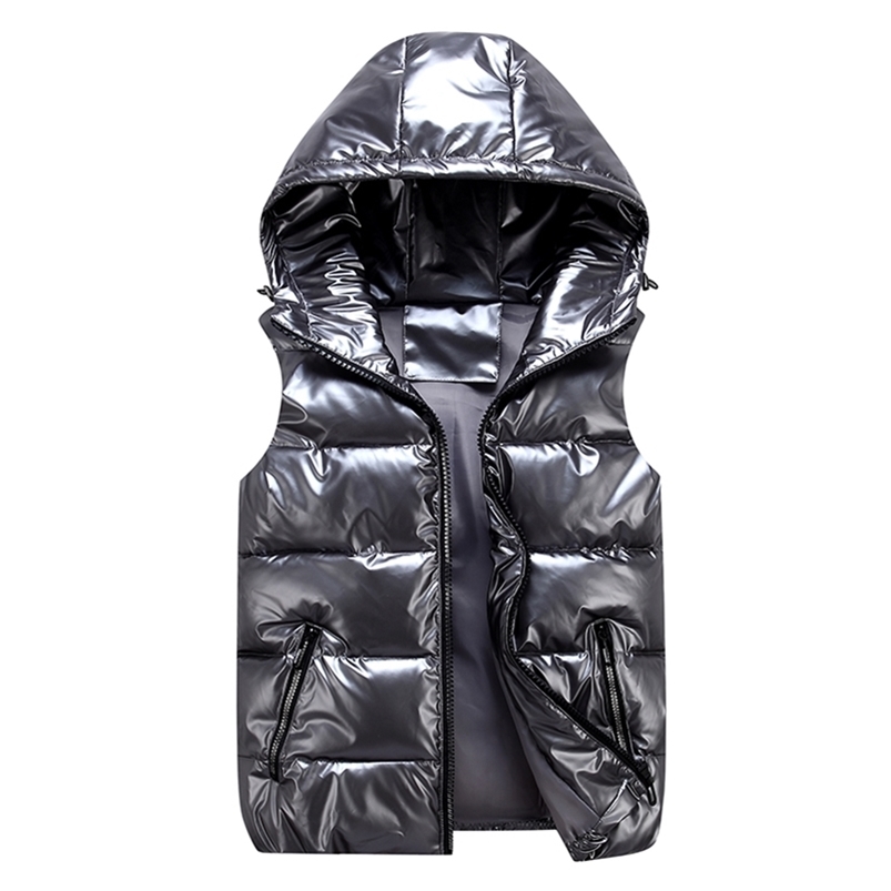 Men's Sleeveless Jacket Fashion Shiny Vest Winter Warm Hood Pockets Cotton Padded Husband Red Black Autumn Down Waistcoat Male 211126