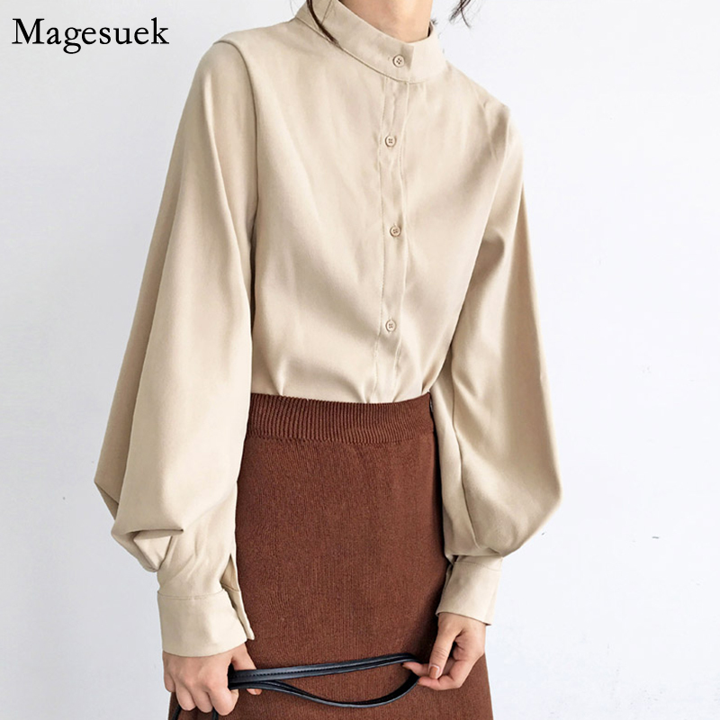 Women Shirt Blouses Lantern Long Sleeve Plus Size Solid Stand Collar Casual Blouse For Blusas 2516 210512