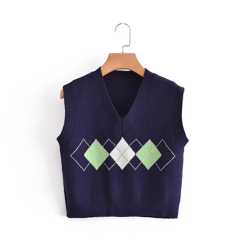 Fashion England Style Plaid Print Spring Knitted Vest Women Casual Sleeveless V-neck Jumper Female Sweaters 210514
