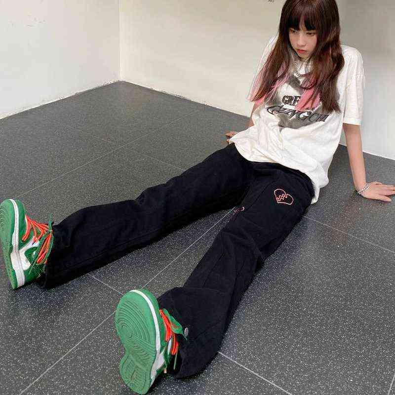 HOUZHOU Streetwear Love Embroidery White Baggy Women Fashion Jeans Retro Korean Style Kpop Low Waist Wide Leg Black Denim Pants 211129