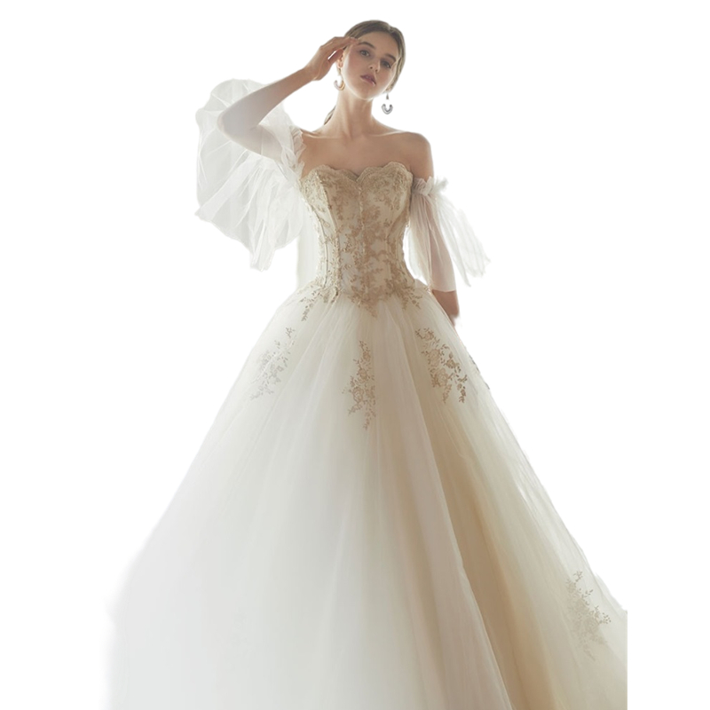 Vintage Ethereal Ivory A Line Wedding Dress With Gold Lace Appliques Sweetheart Off Shoulder Floor Length Bridal Dresses Long Garden Country Wedding G