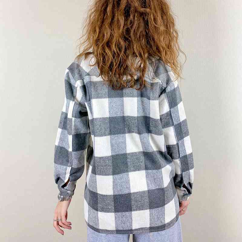 streetwear women grey plaid thick shirts autumn fashion ladies pocket shirt female chic loose top casual girls blouses 210430