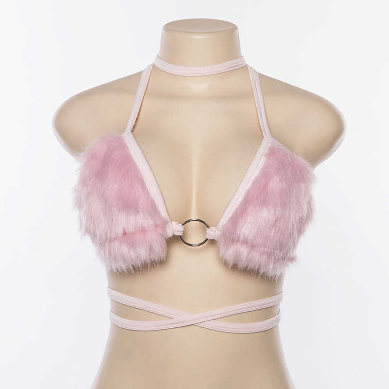 Fluffy Faux Fur Pink Bra Crop Top Sexy Festival Rave Halter Top Women Party Club Summer Beach Backless Bandage Bralette Camis 210625