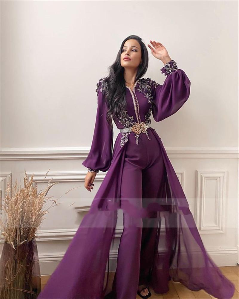 Moroccan Caftan Rompers Purple Lace Chiffon Evening Jumpsuit Dresses Long Sleeve Arabic Dubai Kaftan Prom Dress With Pant Suit