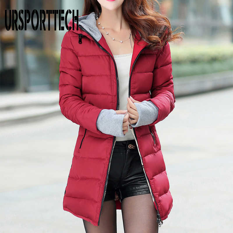 URSPORTTECH Winter Jacket Women Hooded Long Parka Warm Slim Winter Coat Woman Puffer Jacket Oversized Padded Outwear Coat Women 210528