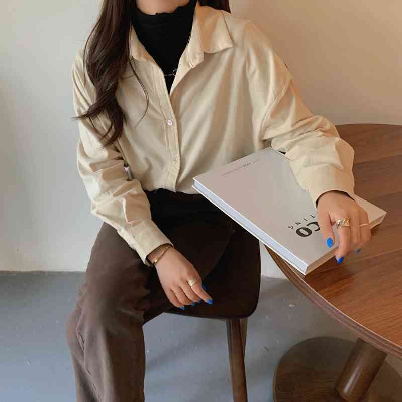 OL Elegant Vintage Chic Corduroy Shirt Women Blouses Tops Spring Autumn Loose Lapel Long Sleeve Shirts Woman Clothes 210421