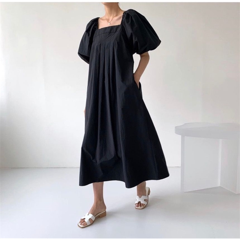Fashion Women Summer Dress Oversize High Waist Lantern Sleeve Vintage Lady Loose Long Vestidos 210520